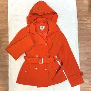 Gallery Vibrant Orange Winter Jacket Coat Silver Button Hardware Removable Hood